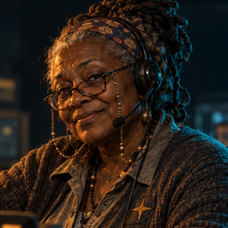 Dispatcher: a woman in her sixties with reading glasses on a chain and a warm, knowing smile, wearing a headset