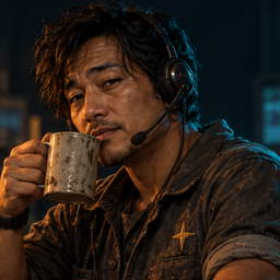 Dispatcher: a man in his forties with rolled sleeves and a coffee mug, giving a dry look