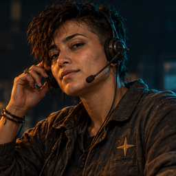 Dispatcher: an androgynous person in their thirties with cropped dark hair, tapping their headset