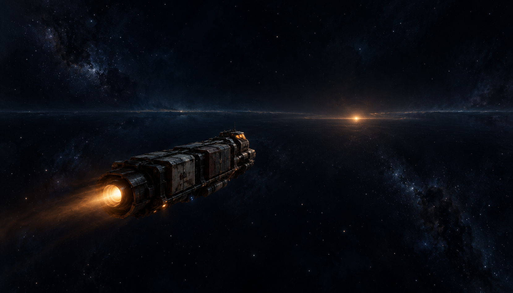 A lone battered freighter runs out across the dark toward a single amber point of light