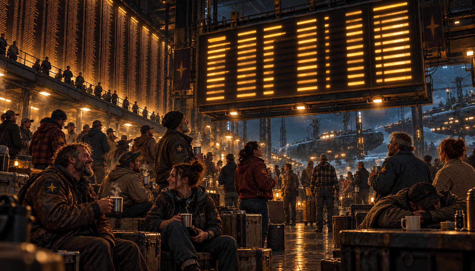 Tired pilots with steaming mugs look up at a huge amber departures board in a crowded station freight hall